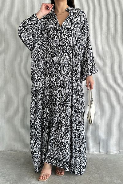 ASEDE 100% Viscose Bohemian Alaçatı Dress Buttoned Colorful Patterned Viscose Dress Suitable for Hijab Dress