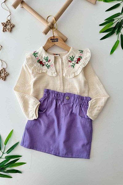 Minigimin Cicileri Rose Embroidered Flowers Collar Muslin Girl's Set - Lilac