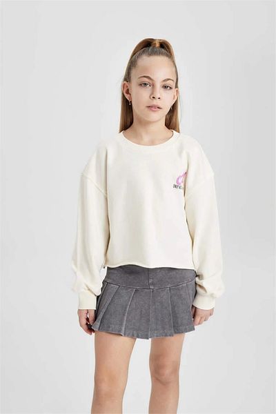 DeFacto Girl's Crop Back Printed Crew Neck Sweatshirt C1037a824sp