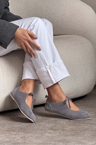 NİŞANTAŞI SHOES Tokyo Stone Gray Genuine Suede Single Band Flat Sole Women's Ballerinas