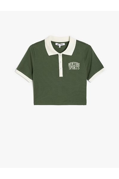 Koton Short Sleeve Ribbed Polo Neck T-Shirt with Embroidery Detail