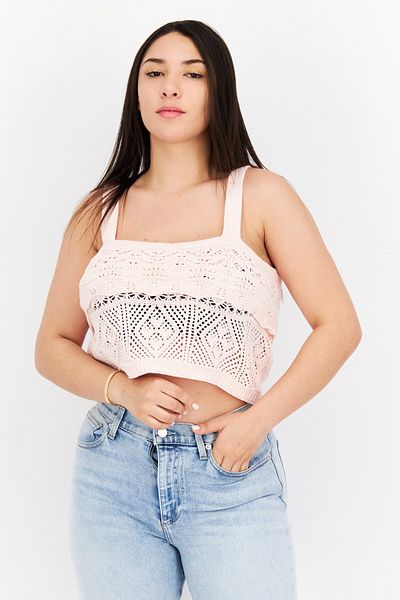 Lucy Paris Women Square Neck Sleeveless Crochet Crop Top, Pink