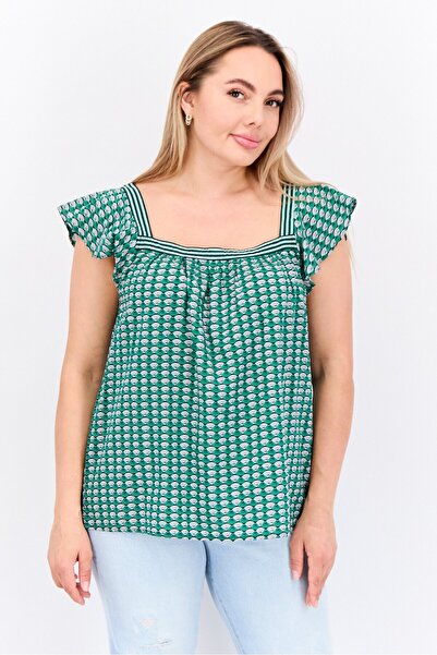 Nautica بلوزة نسائية مطبوعة بالكامل بفتحة رقبة مربعة وكشكشة، باللون الأخضر