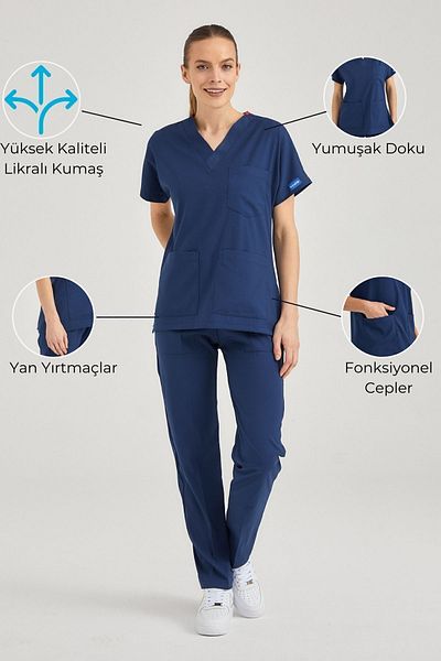Pozitif Üniforma Tricou de asistentă din Lycra albastru petrol. Costum chirurgical de jos. Uniforme