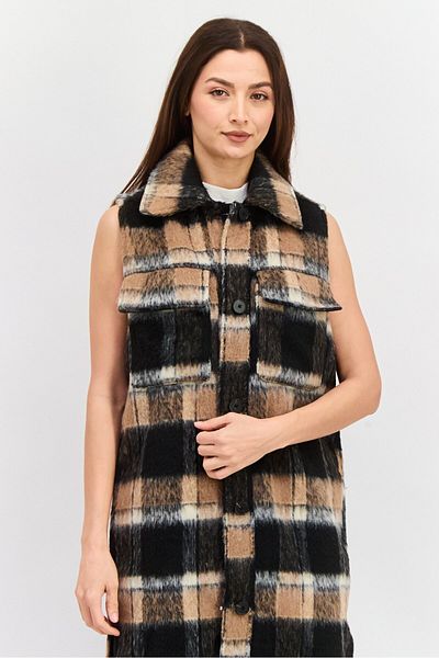 Violet Romance Women Plaid Sleeveless Trench Coat, Multicolor