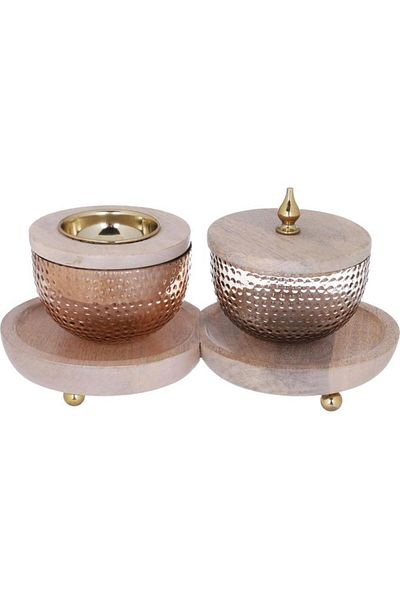 ALSAIF Glass Incense Burner And Incense Box 29 X 16 X 13 Cm With Wooden Base 3 Pieces Gold