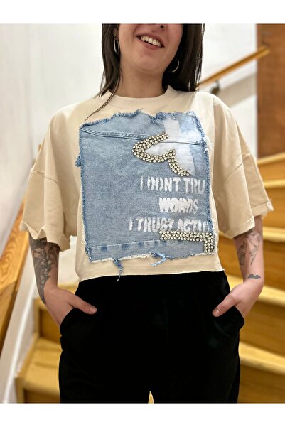 DQMANE TASARIM TAŞ İŞLİ KOT DETAY KISA BLUZ