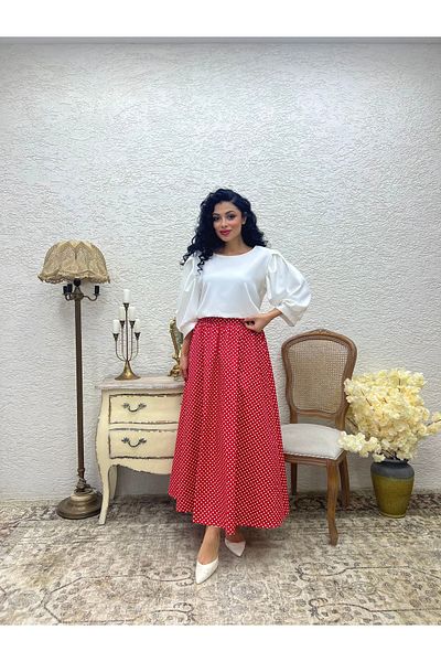 KÜÇÜĞÜM BUTİK Polka Dot Red Color Flared Poplin Skirt