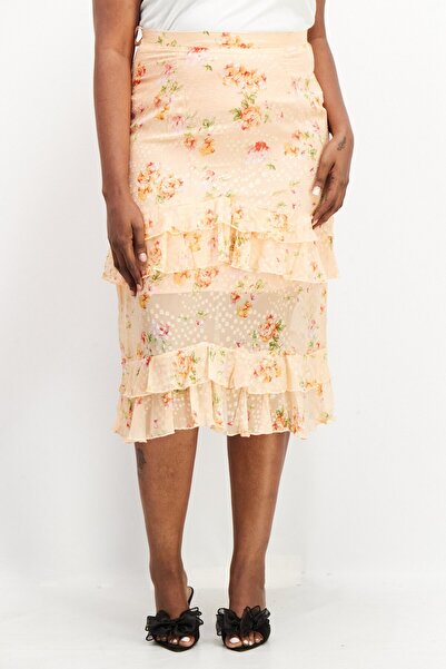 Dark Pink Women Ruffle Detail Allover Print Midi Skirt, Orange Combo