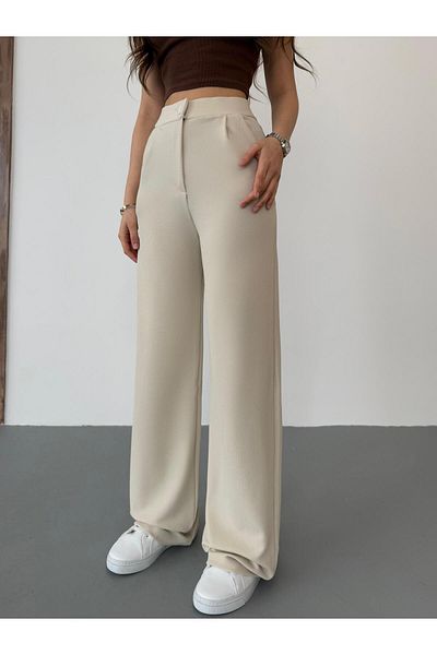 BİKELİFE Women's Beige Lycra Palazzo Loose Wide Leg Trousers