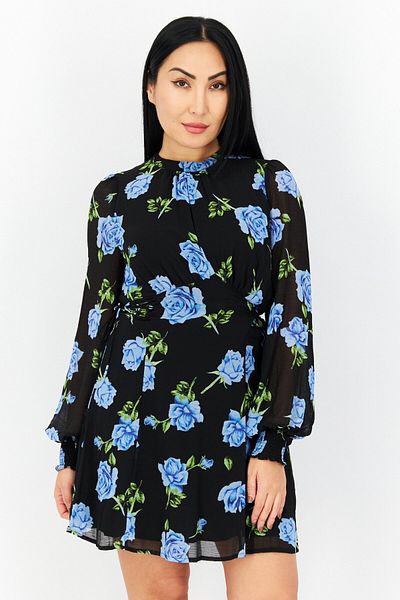 Free People Women Floral Print Mini Dress, Black Combo