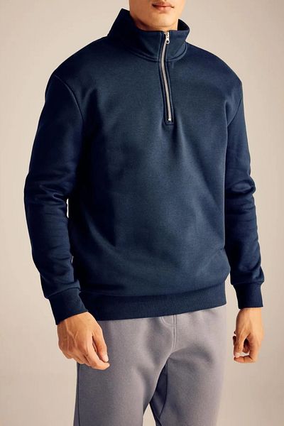 ruNadeS Navy Blue Regular Fit Stand Collar Zippered 3 Thread Sweatshirt