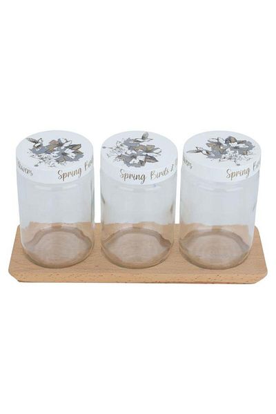 ALSAIF Glass Spice Jar Set With Wooden Stand 4 Pieces 660 Ml Transparent