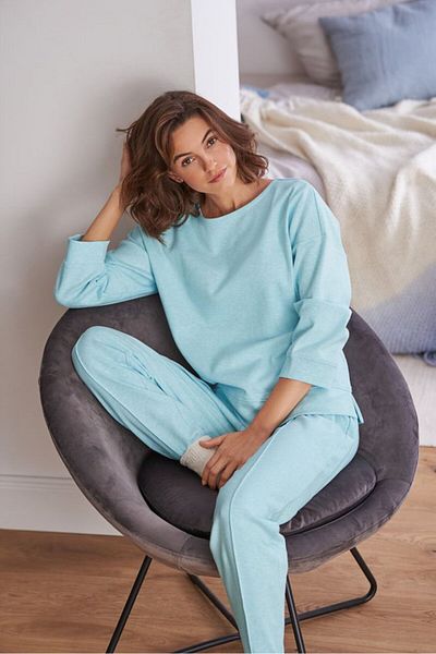 Tchibo Women Round Neck Textured Long Sleeve Sweatshirt, Sky Blue