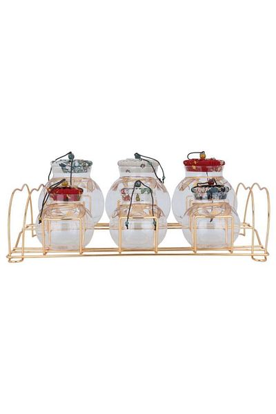 ALSAIF Glass Spice Jar Set Lid 7 Pieces Colored With Golden Stand
