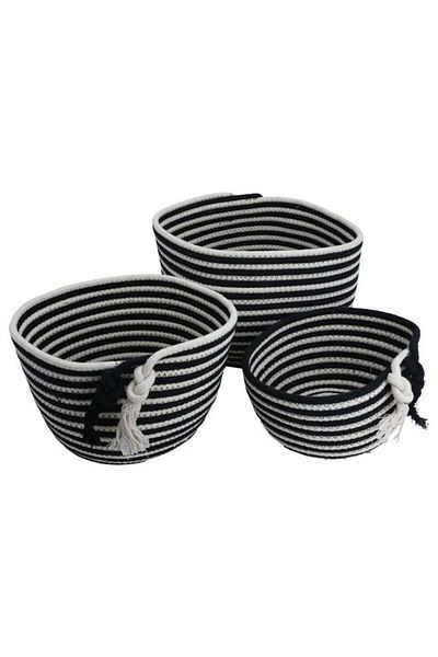 ALSAIF Cotton Baskets Set 25 X 30 X 35 Cm Striped Round 3 Pieces Black