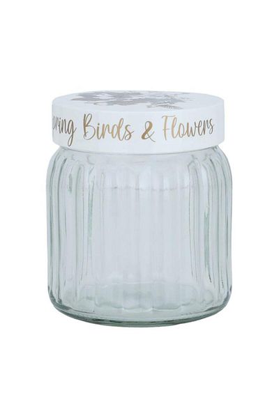 ALSAIF Glass Spice Jar With White Lid 1 Liter Rose Pattern Transparent