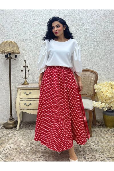 KÜÇÜĞÜM BUTİK Polka Dot Red Color Flared Poplin Skirt