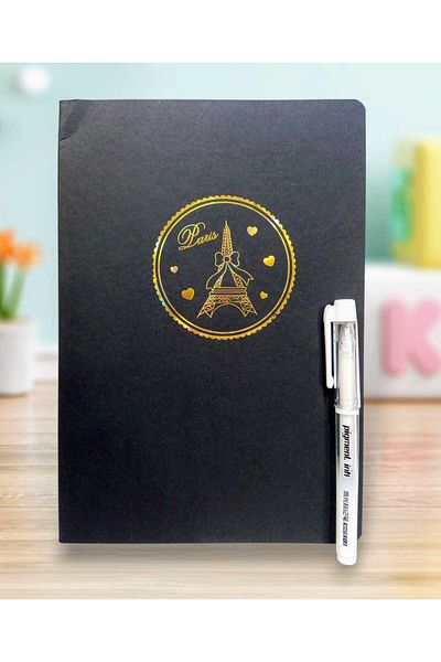 izmir yazici servis Striped Black Leaf Notebook White Pilot Pen Set with Gift 20 Sheets 40 Pages 18X25 Cm.