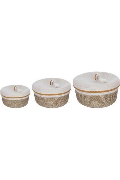 ALSAIF Wicker Baskets Set 27X27X16 / 22X22X13 / 19X19X10 Cm Deep Circular With White Cover 3 Pieces Beige