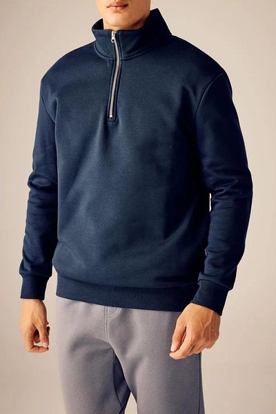 ruNadeS Navy Blue Regular Fit Stand Collar Zippered 3 Thread Sweatshirt