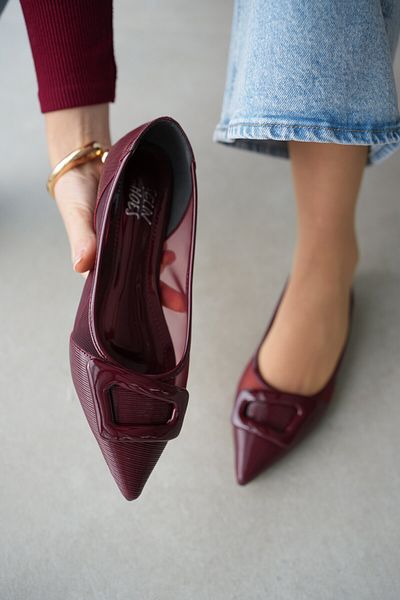selinshoes Burgundy Women's Ballerinas - Pointed Toe, Tulle Detail and Buckle Accessories