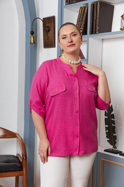 RMG Large Size Fuchsia Shirt with Pocket Cover and Stone Detail
