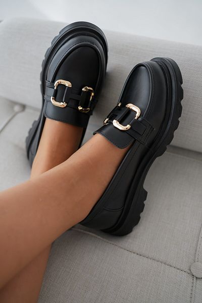 selinshoes Black Women's Loafer with Gold Buckle Accessories and Rafia Band