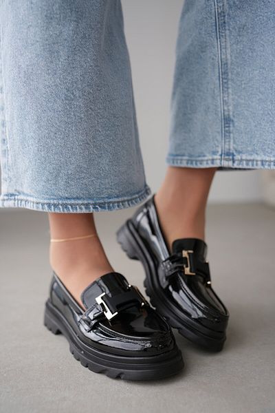 selinshoes Black Patent Leather Loafer with Gold Accessories and Belt - Low Heeled Women's Shoes