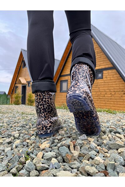 BOTMAX Leopar Desenliiçi Müflonlu Kadın Yağmur Çizmesi