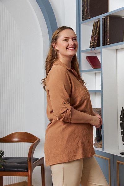 RMG Plus Size Camel Blouse - Shirt Collar and Sleeve Detail