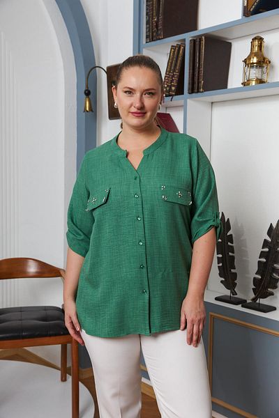 RMG Large Size Green Shirt with Pocket Cover Stone Detail