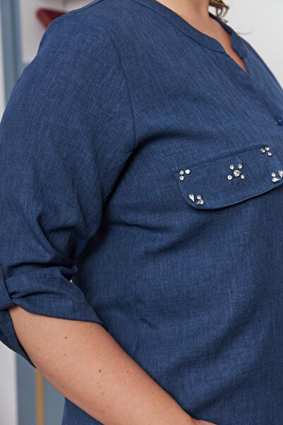 RMG Πουκάμισο Indigo Plus Size - Κάλυμμα τσέπης και λεπτομέρεια από πέτρα