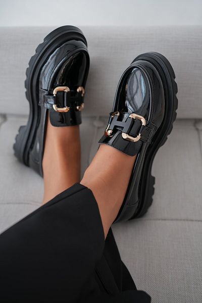 selinshoes Black Patent Leather Women's Loafer with Gold Buckle Accessories - Band Detail
