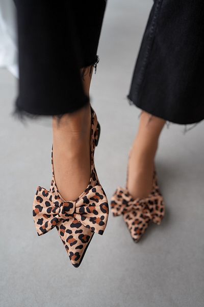 selinshoes Milya Pointed Toe Leopard Bow Detailed Elastic Women's Ballerinas - Leopard