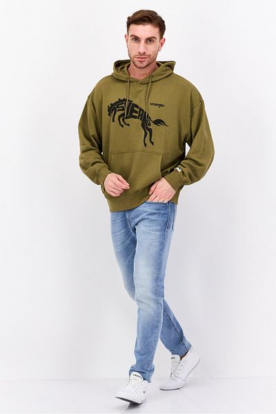 WRANGLER Men Hood With Drawstring Long Sleeve Graphic Print Sweatshirts, Olive