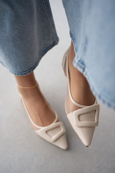 selinshoes Beige Women's Ballerinas - Carla Pointed Toe and Tulle Detail Buckle Accessory