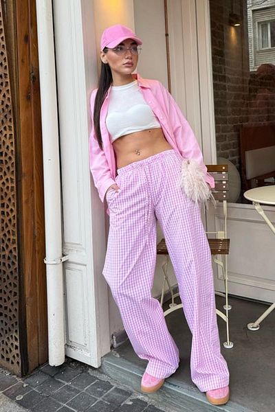 Madmext Rosa Gingham-Hose mit weitem Bein für Damen Mg2335