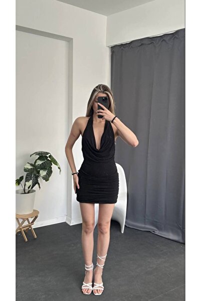 Rokka Moda Büzgülü Boyundan Bağlamalı Mini Elbise