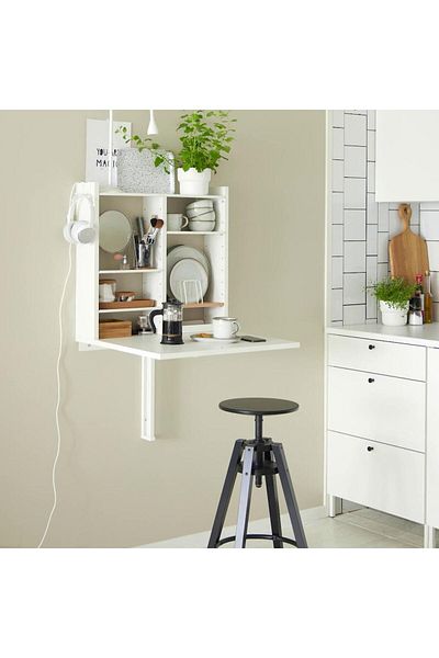 erorex Wall-mount drop-leaf tbl w storage, white, 64x60 cm