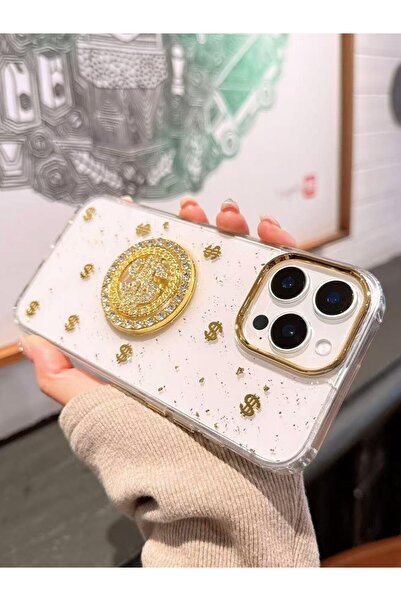 Paladyum Case iPhone 15 Pro Max Uyumlu Dolar Figürlü Taşlı Simli Şeffaf Kılıf