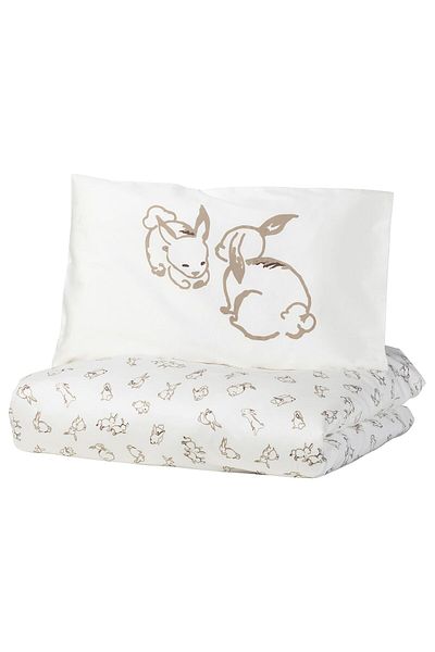 erorex Duvet cover 1 pillowcase for cot, rabbit pattern/white/beige, 110x125/35x55 cm
