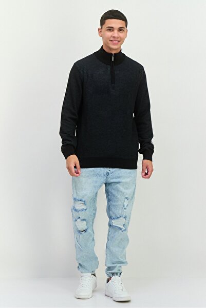 Perry Ellis Men Mock Neck Long Sleeves Textured Sweater, Black