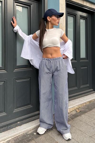 Madmext Lacivert Pötikareli Bol Paça Kadın Pantolon Mg2335