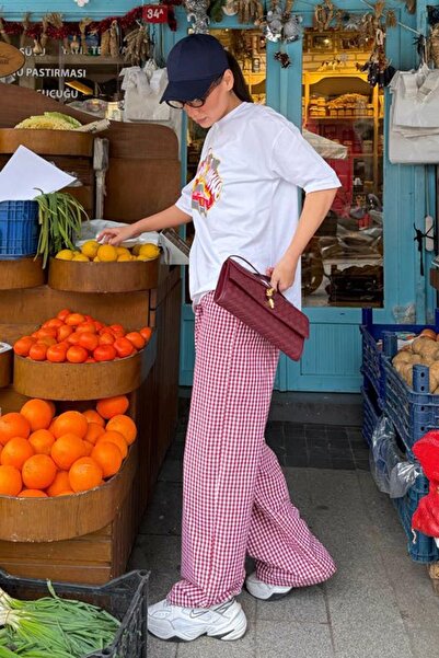 Madmext Burgundy Gingham Wide Leg Women's Trousers Mg2335