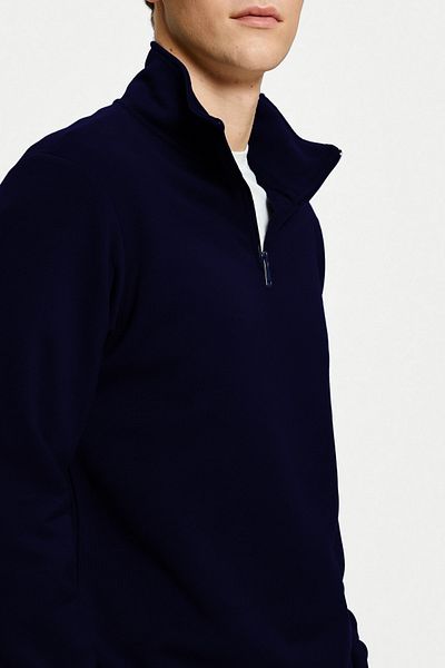 ruNadeS Navy Blue Comfort Regular Fit Comfortable Fit Zippered Stand Collar Basic Plain Sweatshirt