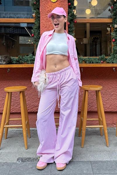 Madmext Rosa Gingham-Hose mit weitem Bein für Damen Mg2335