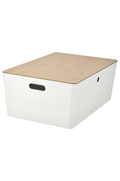 erorex Box with lid, white/bamboo, 37x54x21 cm