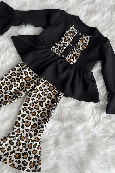 Bertuğ Bebek Black Leopard Girl Child Baby Top and Bottom Set
