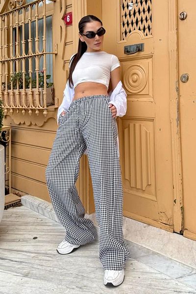 Madmext Schwarze Gingham-Damenhose mit weitem Bein Mg2335